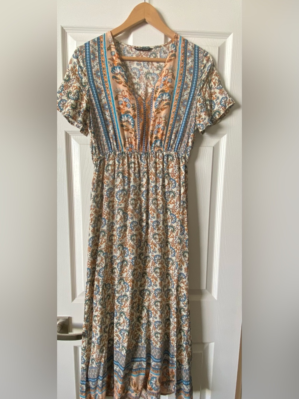 SHEIN Boho Paisley Maxi Dress Blue Rust Floral Empire Waist Size L